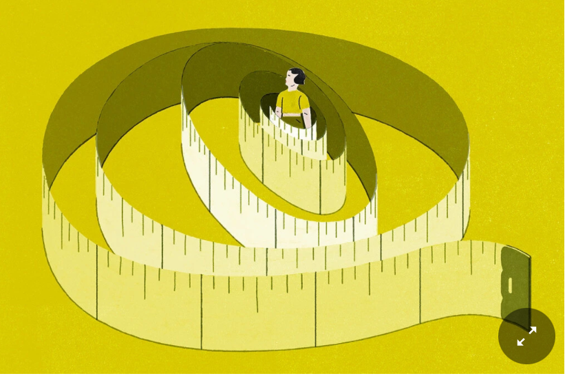 A drawing of a tape measure looping around with yellow background